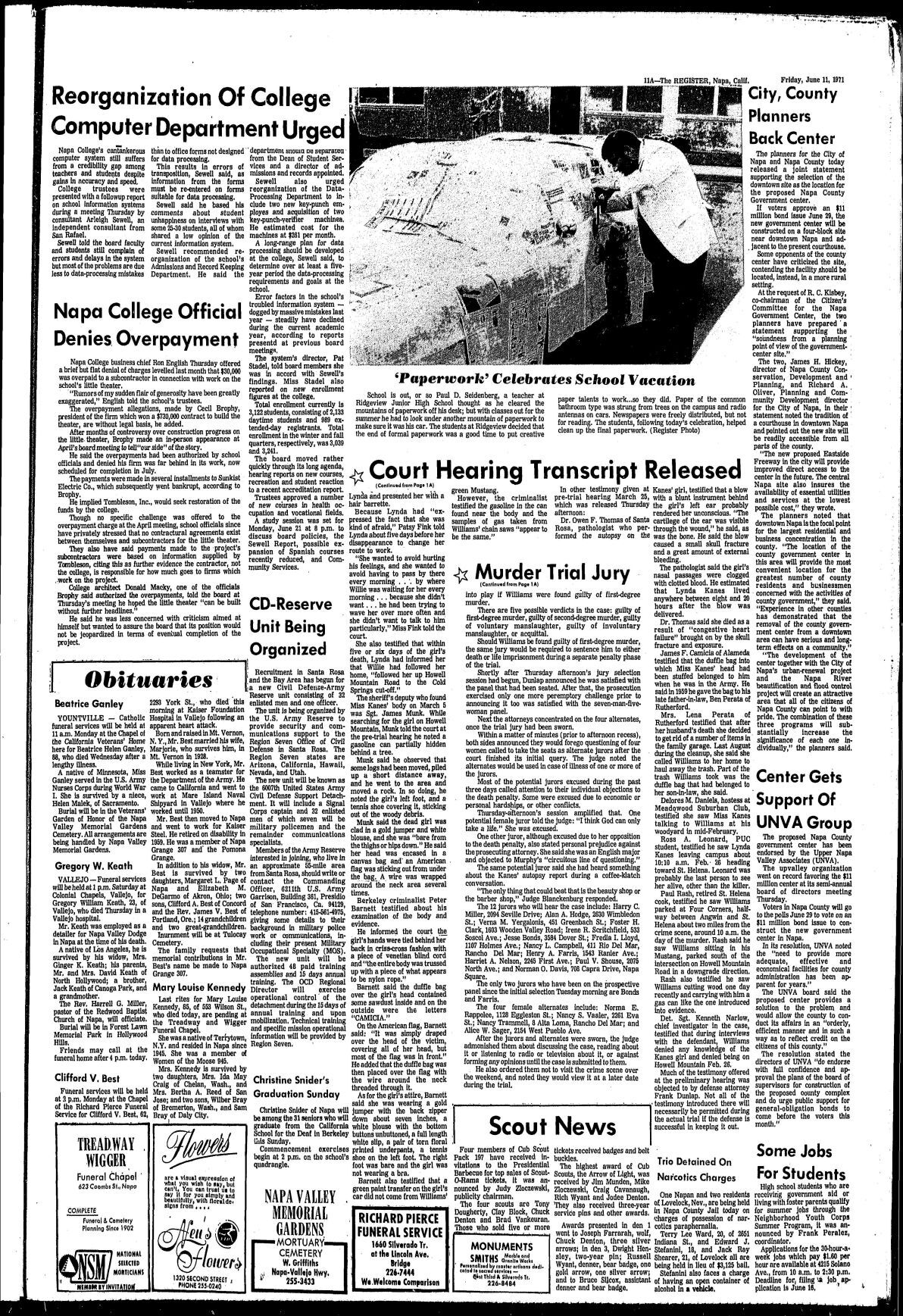 Willie the Woodcutter murder and Napa Register coverage: 06/11/71 Page 11A